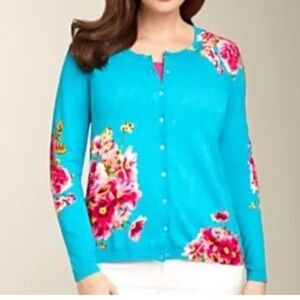 Talbots Teal Floral Button Cardigan Sweater Cotton Rayon Lightweight NWOT Size S